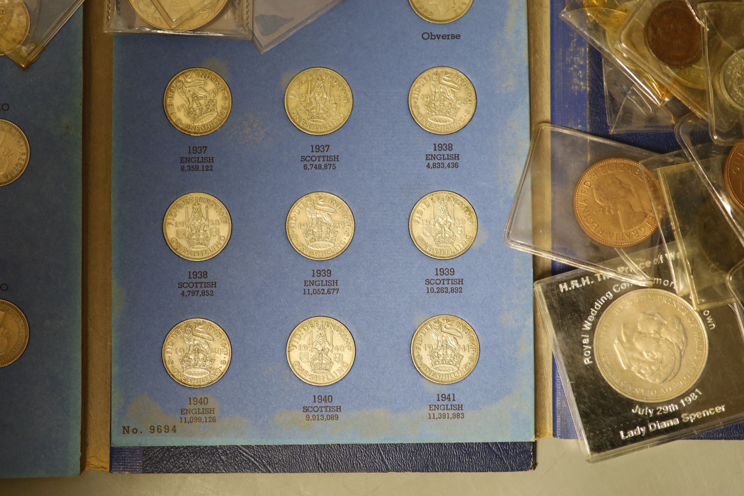 A collection of Queen Elizabeth II coin year sets, 1970-1976, a George V 1928 part maundy set, 1d, 2d and 4d, various Crowns, threepences etc.